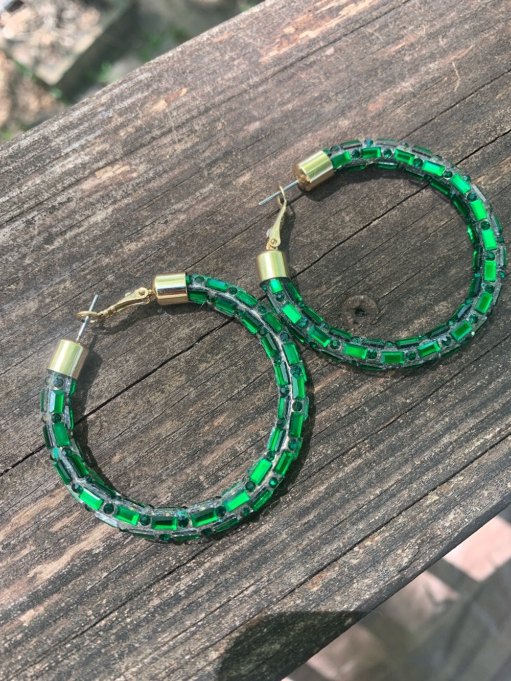 Green Beaded Hoop Earrings - Gold Accents